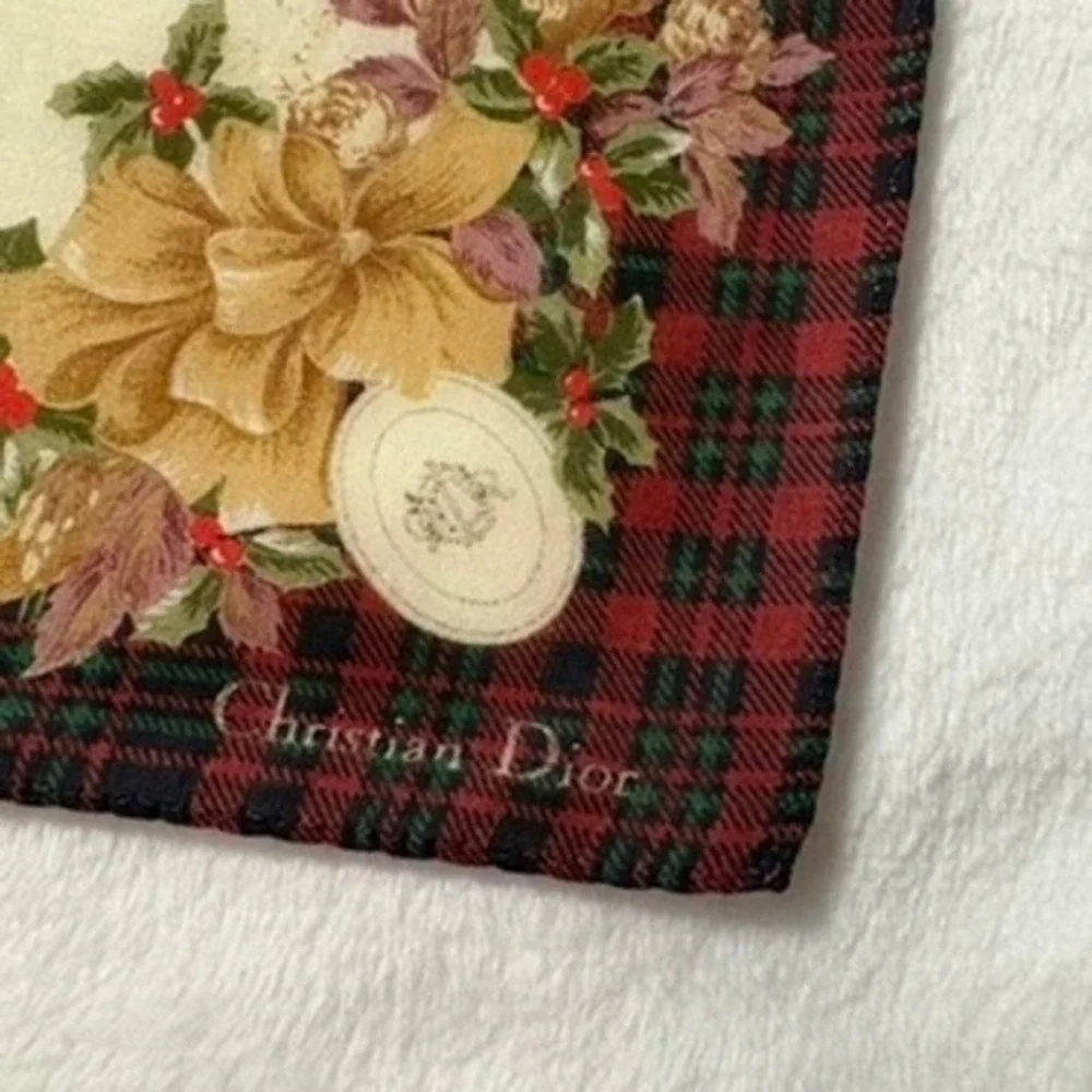 Vtg CHRISTIAN DIOR Scarf Handkerchief Floral Plaid Red Cream 18.5